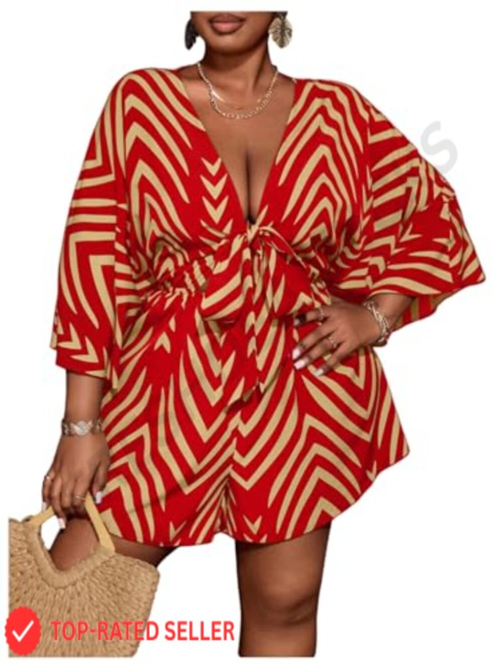 Plus Size Striped Tie Front Short Jumpsuit V Neck 3/4 Sleeve Loose Romper